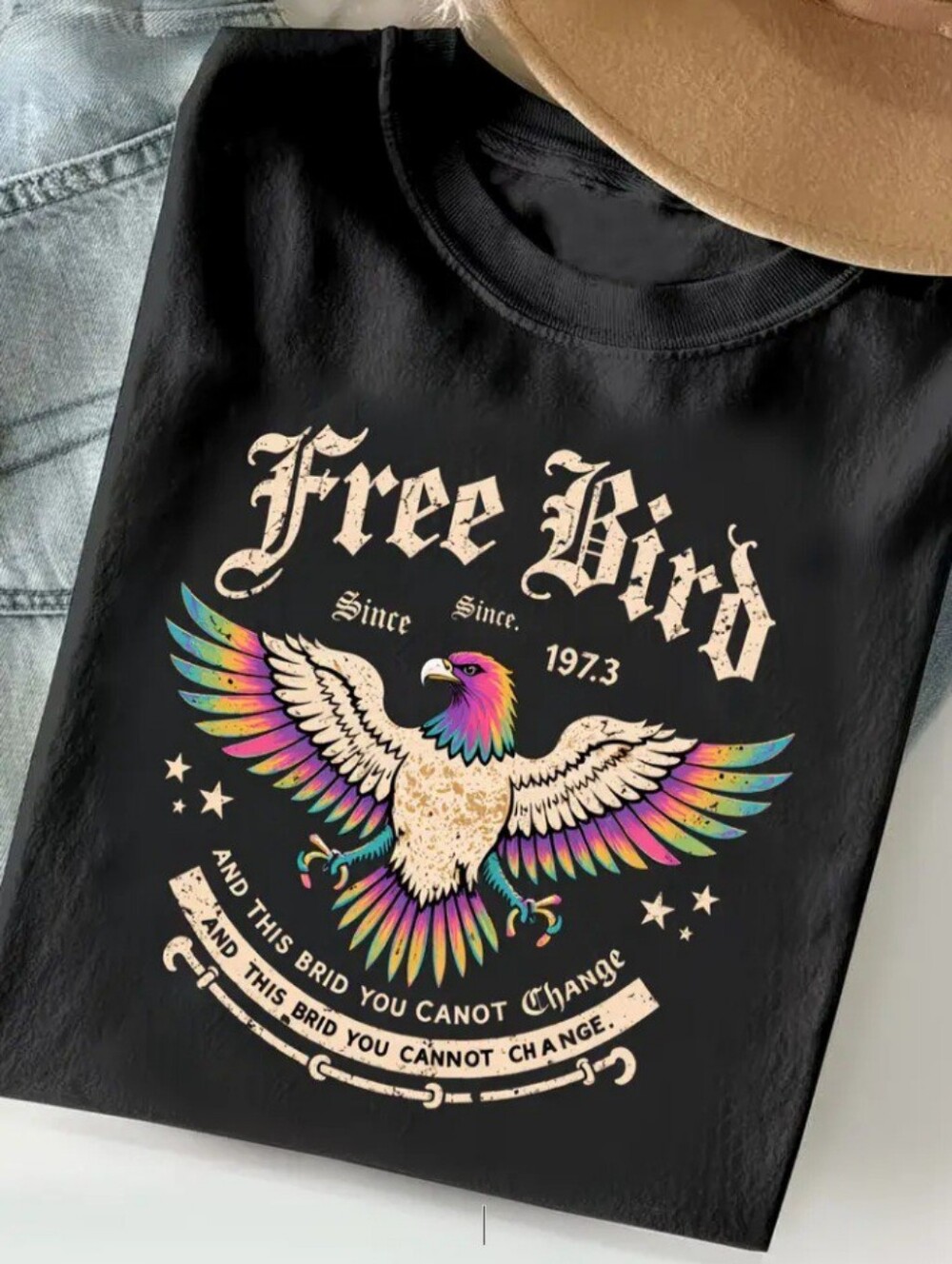 Free Bird Graphic Tee - Black with Rainbow Eagle Print